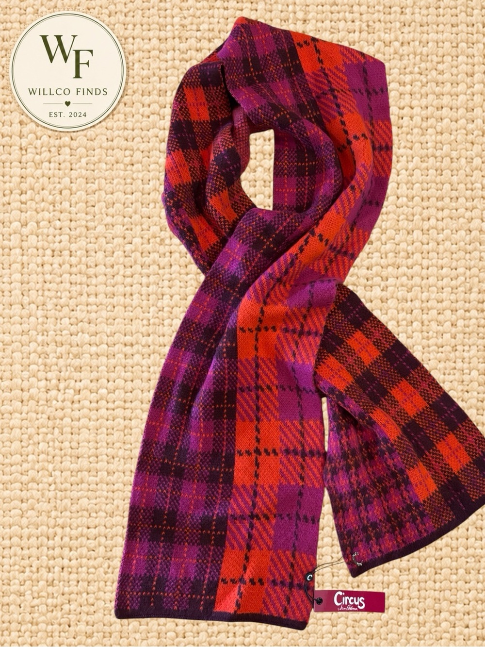 Circus by Sam Edelman Plaid Knit Scarf Pink Orange Burgundy NWT